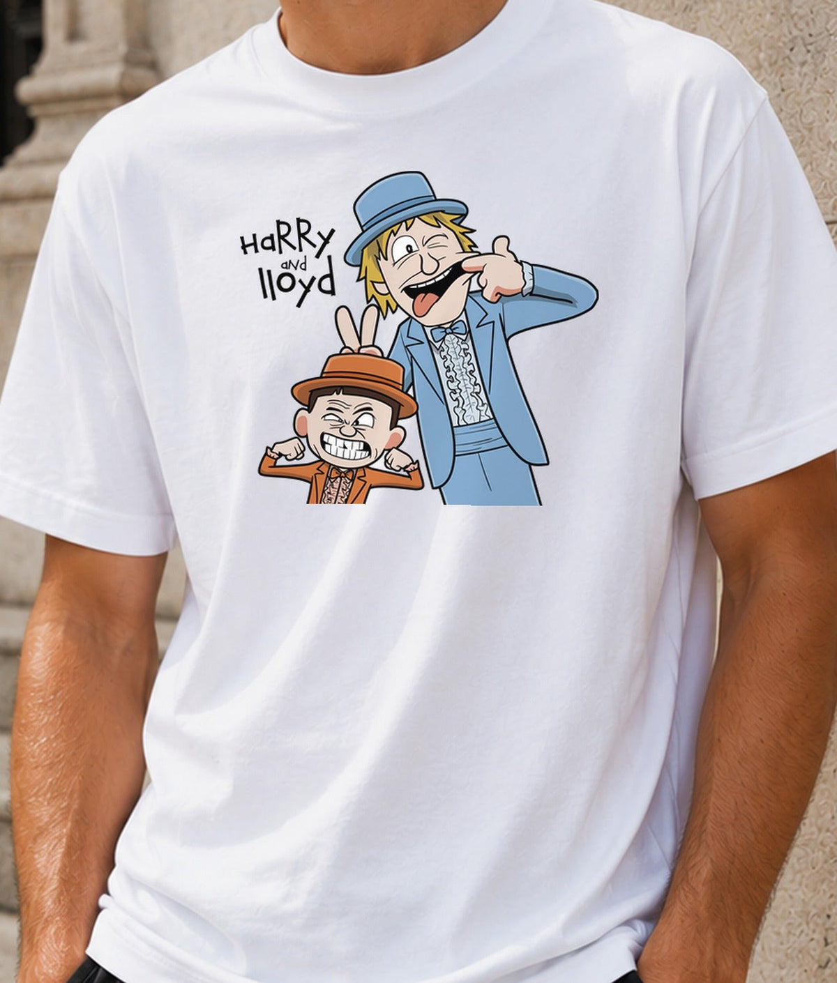 Camiseta Harry and Lloyd – Comedia de los 90 con Esmoquin (blanca)