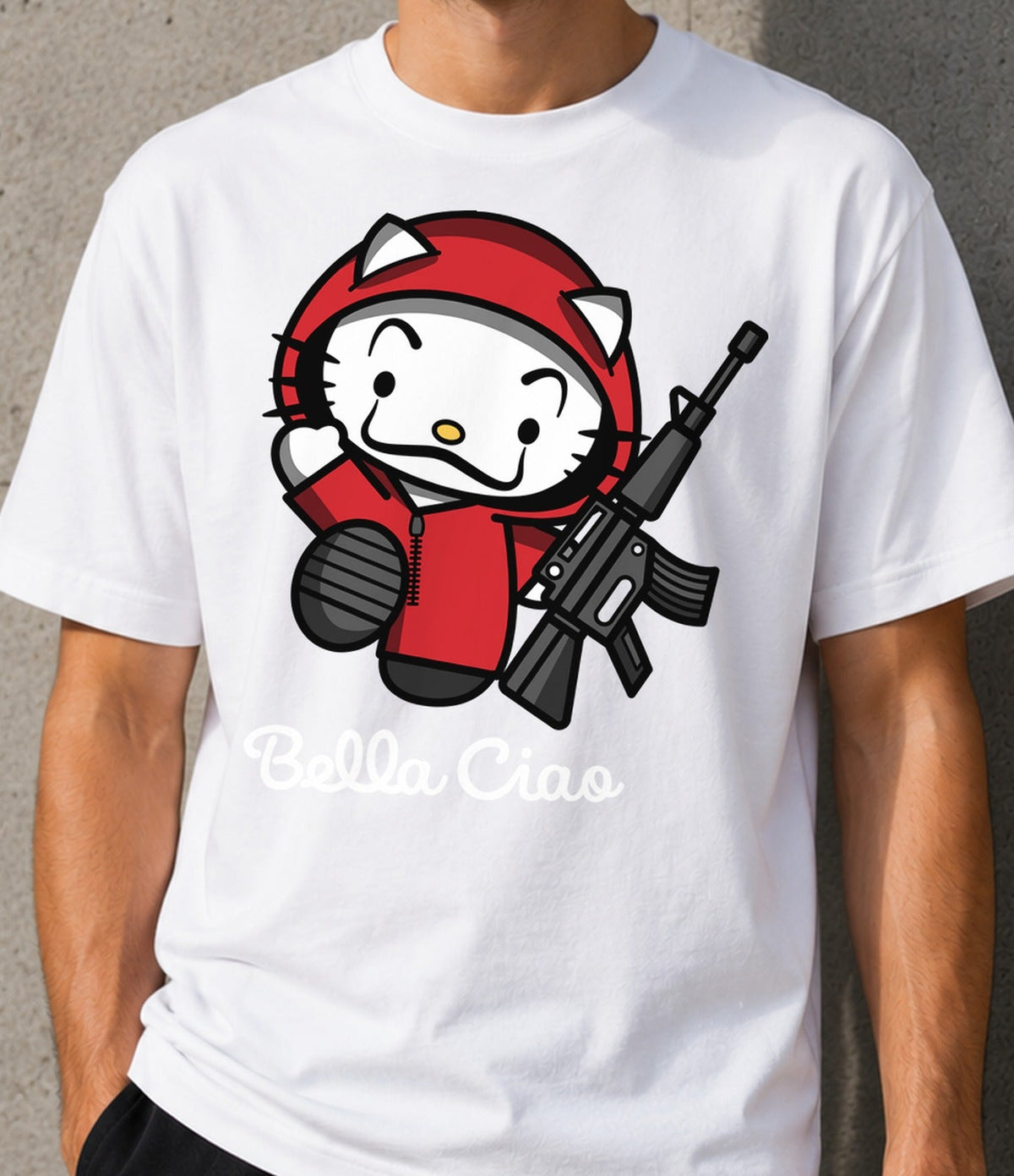 Camiseta Bella Ciao – Gatita Atracadora con Mono Rojo (blanca)