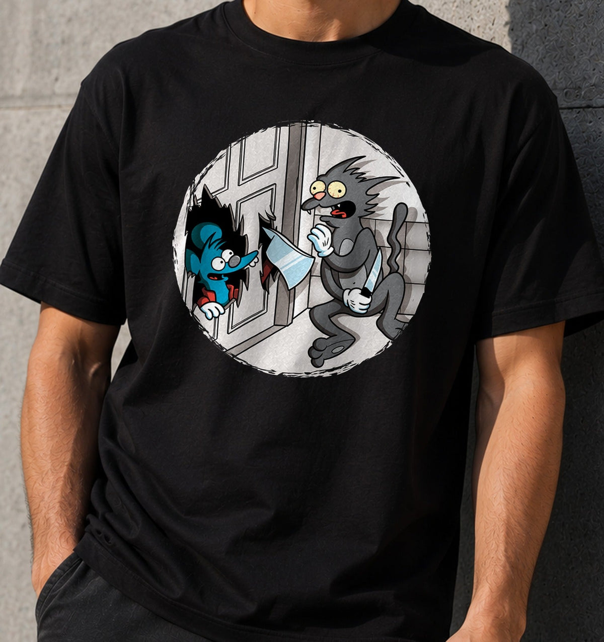 Camiseta Here's Itchy – Parodia de Terror con Ratón y Gato (negra)