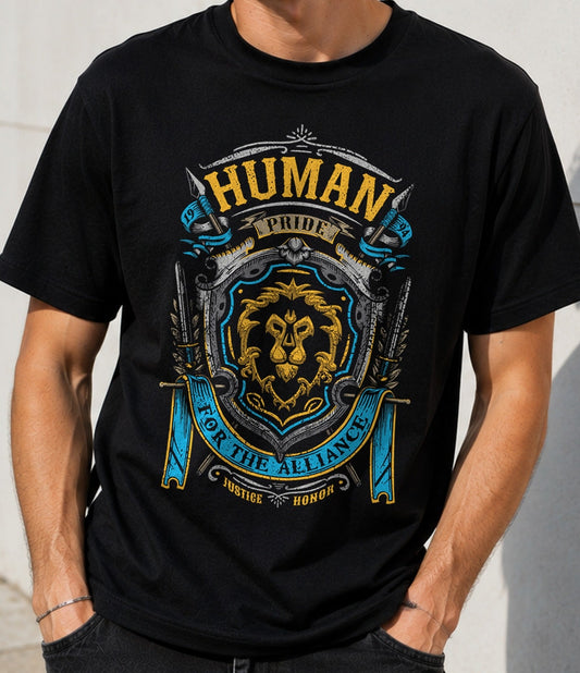 Camiseta Human Pride – Escudo de León para Gamers de Fantasía (negra)