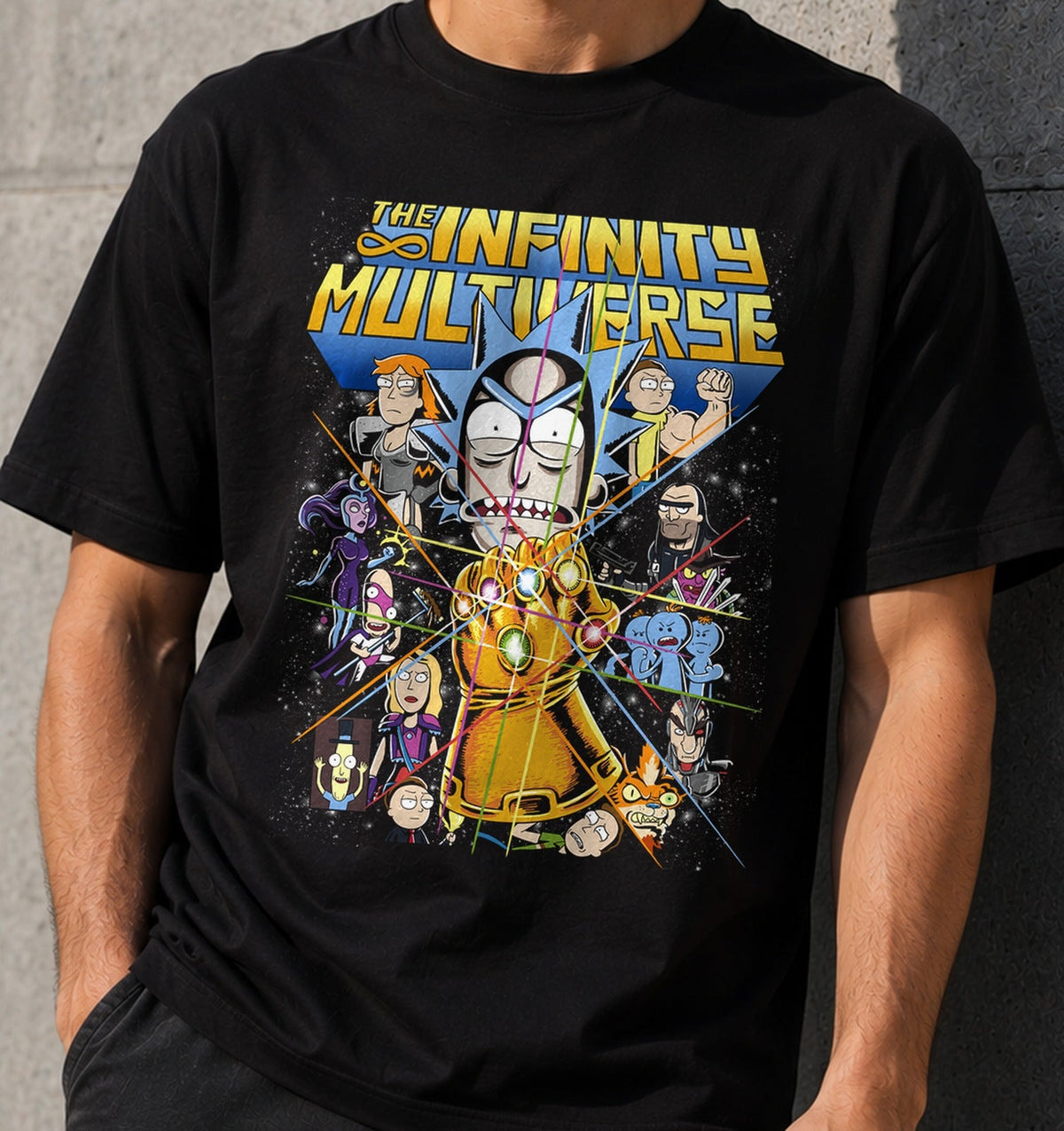 Camiseta Infinity Multiverse – Científico Loco y Multiverso (negra)