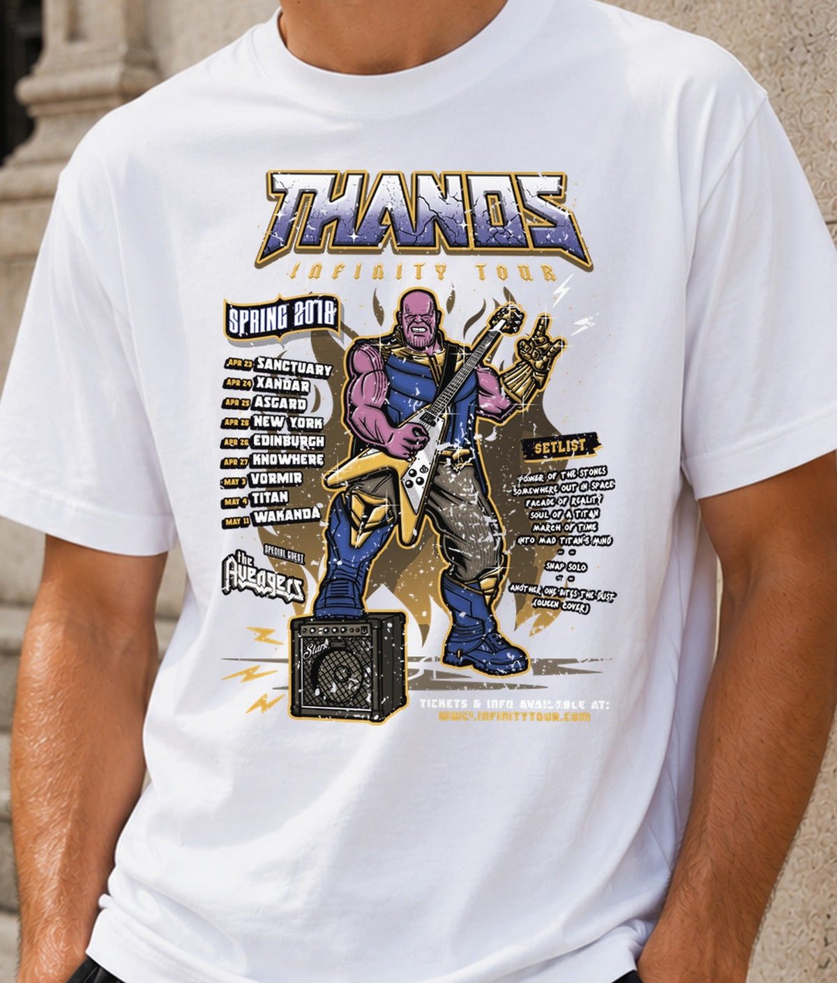Camiseta Infinity Tour – Gira de Rock del Villano Galáctico (blanca)