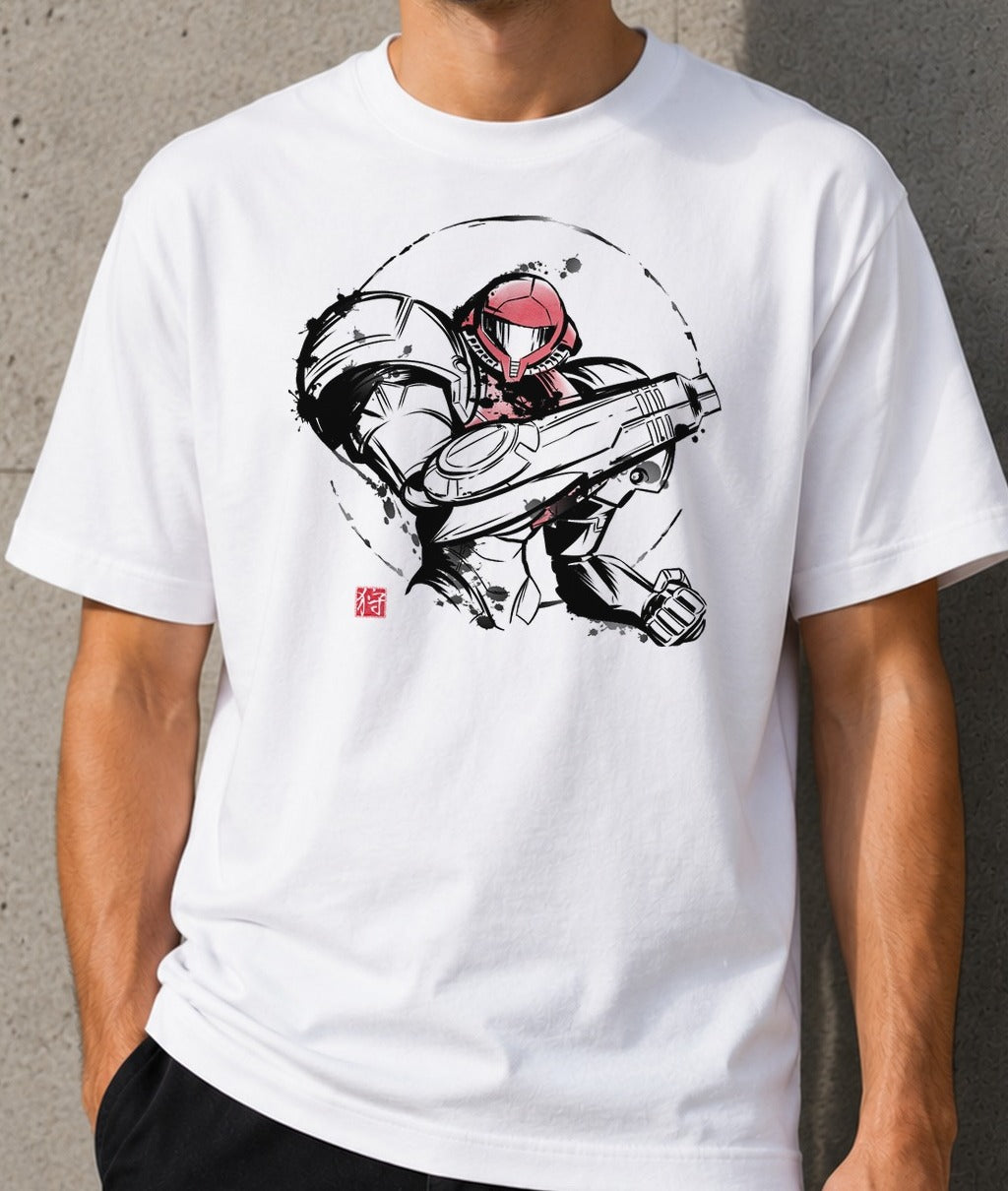 Camiseta Ink Power Suit – Samus Aran de Metroid (blanca)
