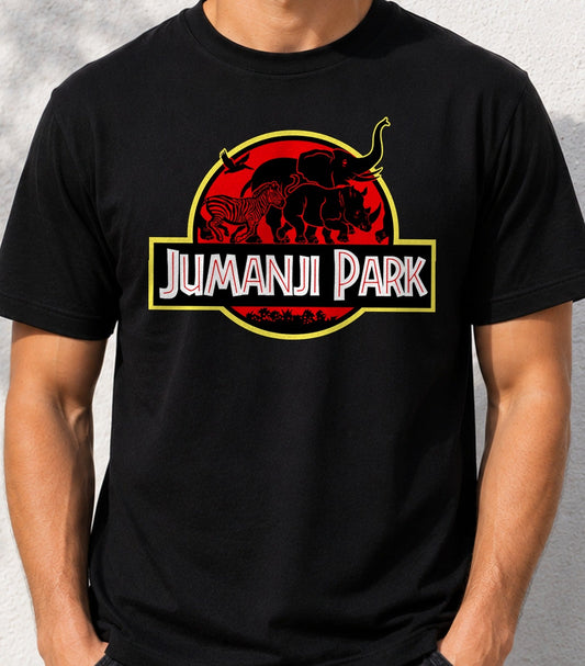 Camiseta Jumanji Park – Parodia de Parque Jurásico (negra)