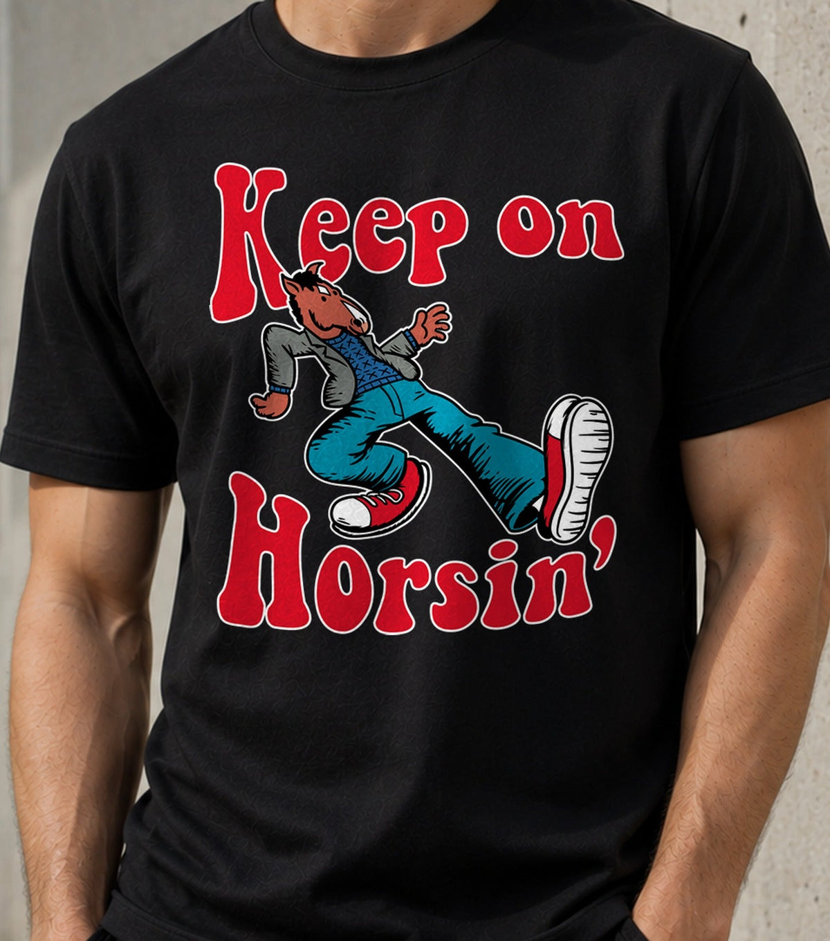 Camiseta Keep on Horsin – Caballo de Animación para Adultos (negra)