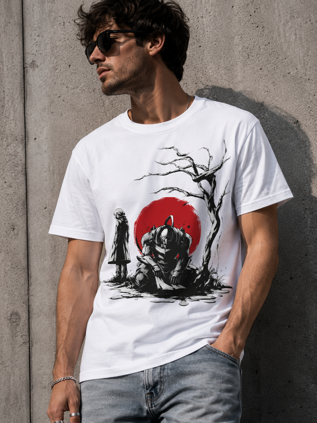Camiseta blanca con ilustración sumi-e de Alphonse Elric arrodillado y Edward de pie bajo un sol rojo, Fullmetal Alchemist, diseño de DDJVIGO