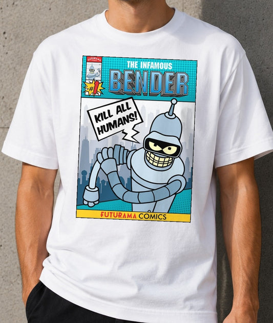 Camiseta Kill All Humans – Bender de Futurama (blanca)
