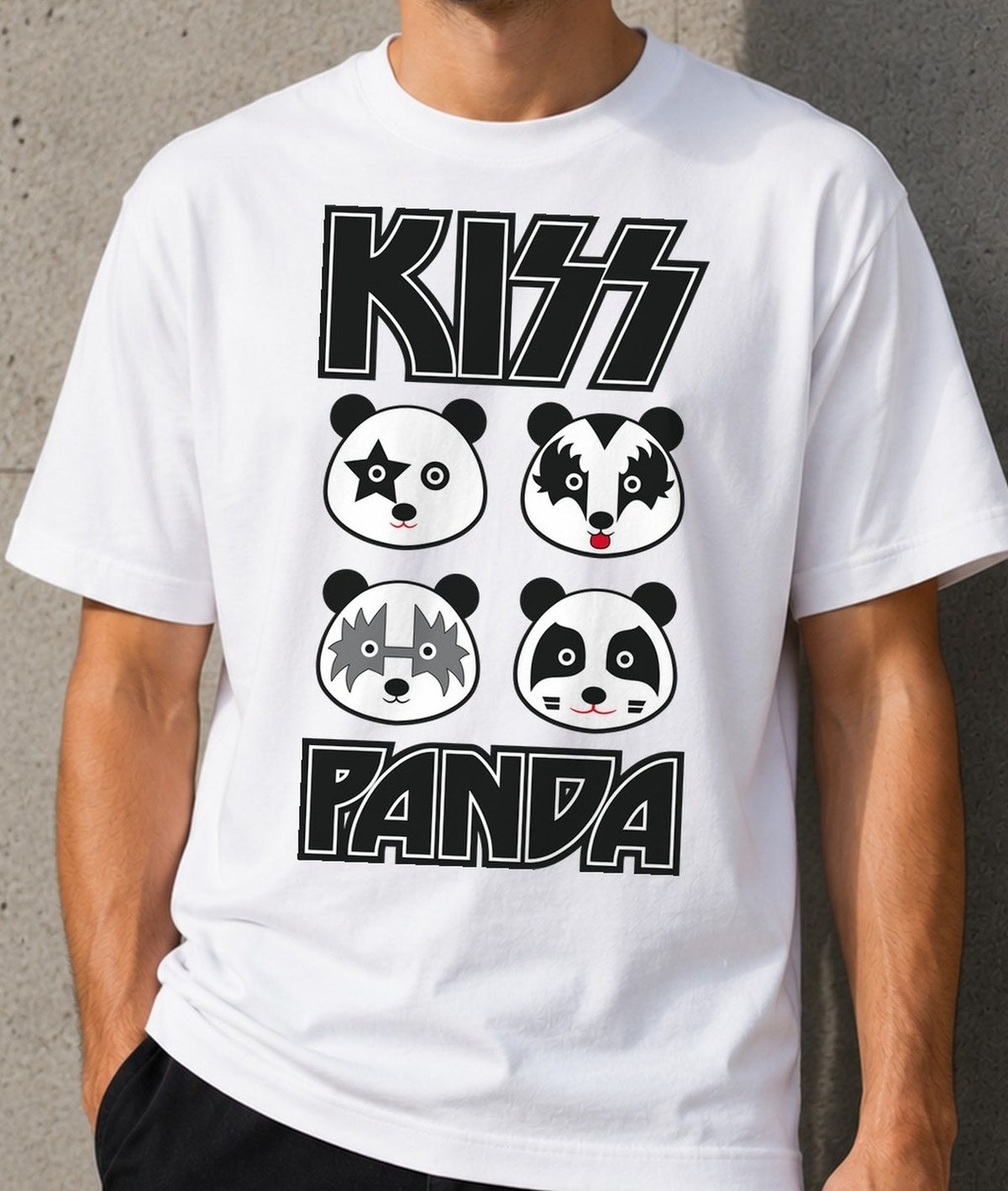 Camiseta KISS PANDA – Parodia rockera de KISS (blanca)