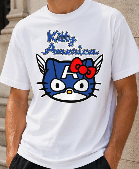 Camiseta Kitty America – Parodia friki para fans de superhéroes (blanca)