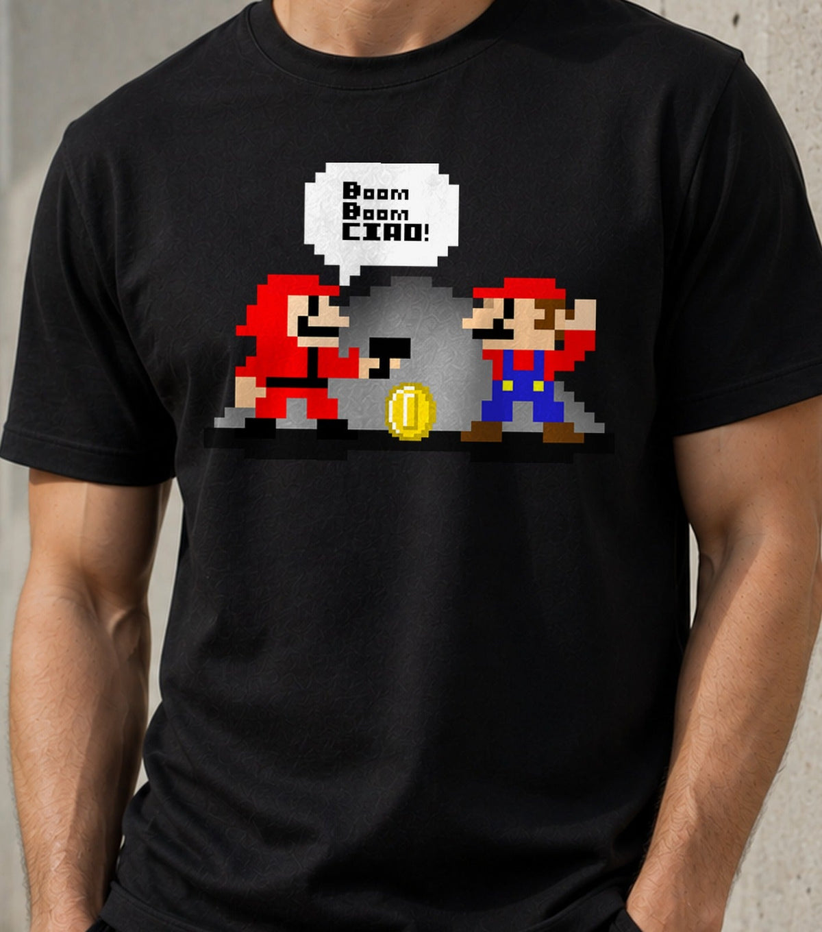 Camiseta Boom Boom Ciao – Atraco y Fontanero en Pixel Art (negra)