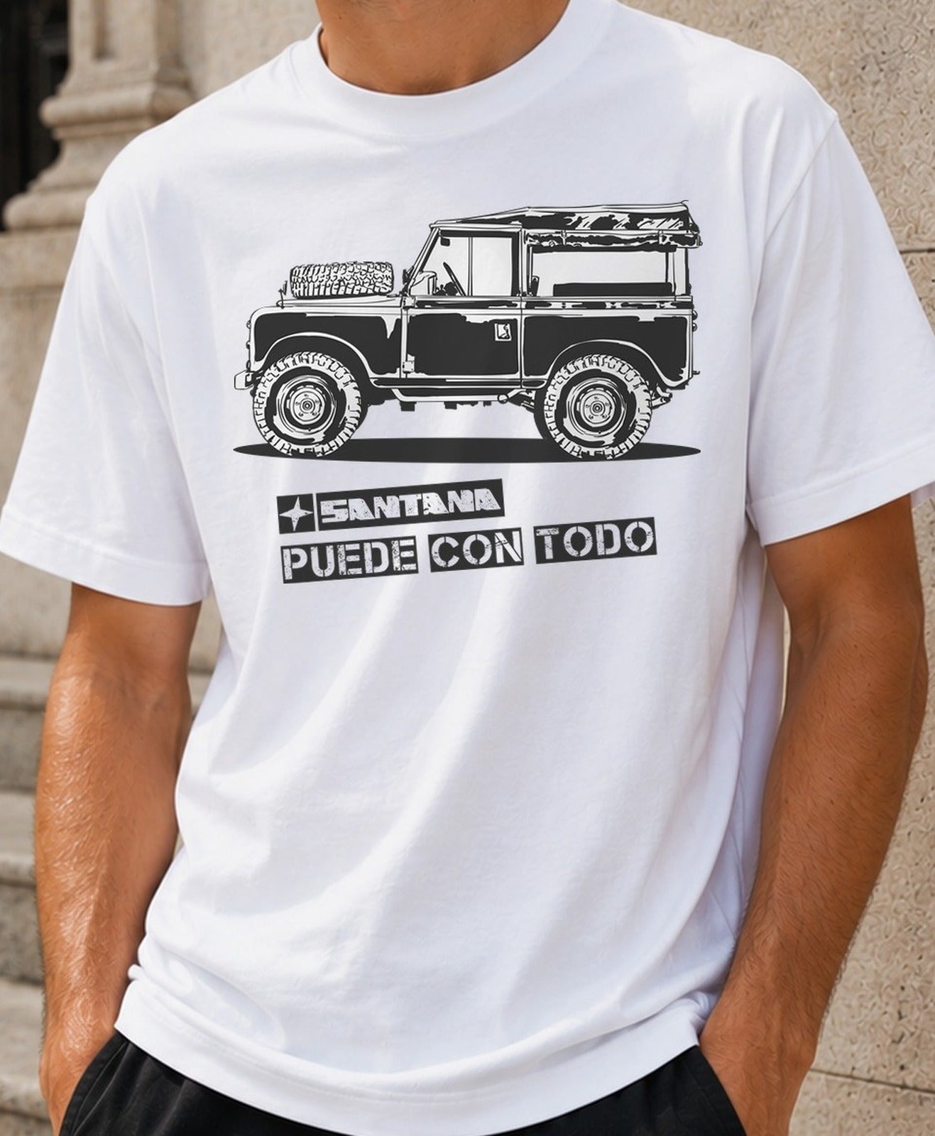 Camiseta Land Rover Santana – Puede con Todo (blanca)