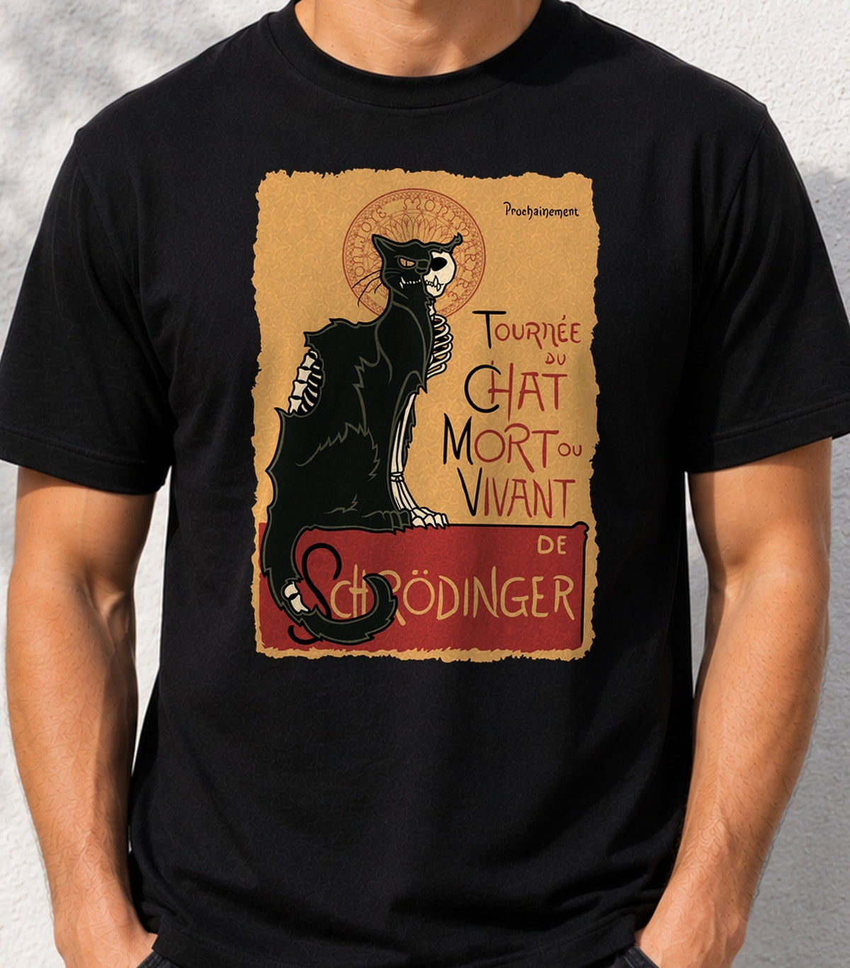 Camiseta Le chat noir de Schrödinger – Ciencia y Humor Friki (negra)
