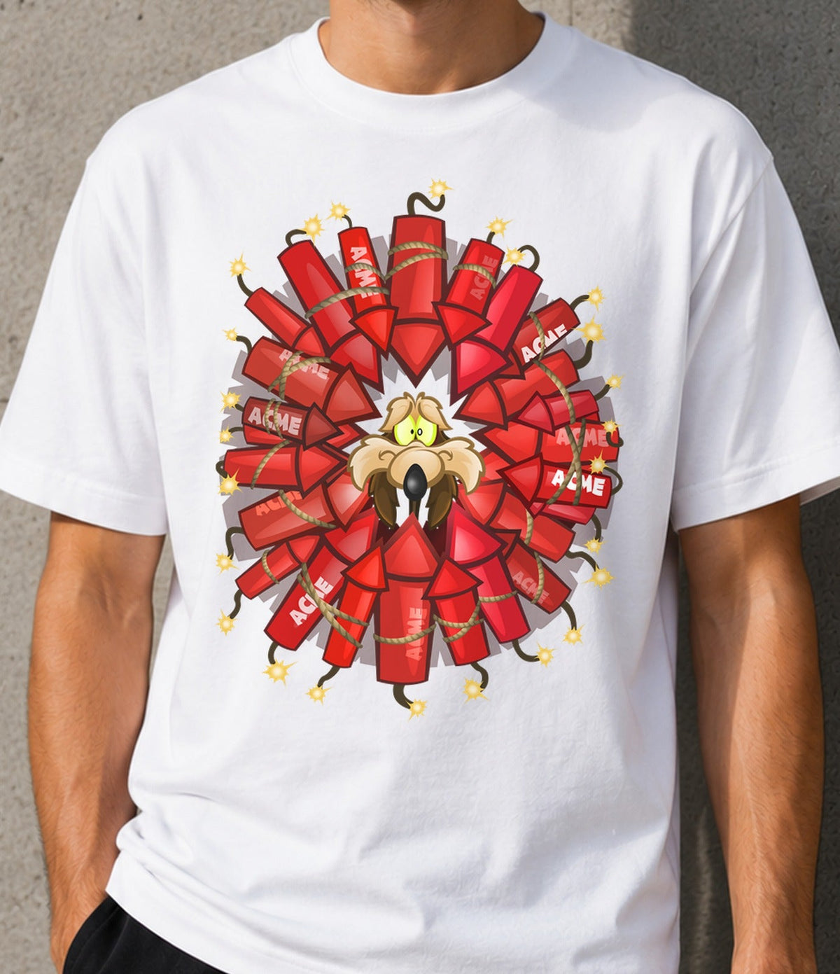Camiseta Looney Coyote Wick – Dinamita y Pánico Animado (blanca)