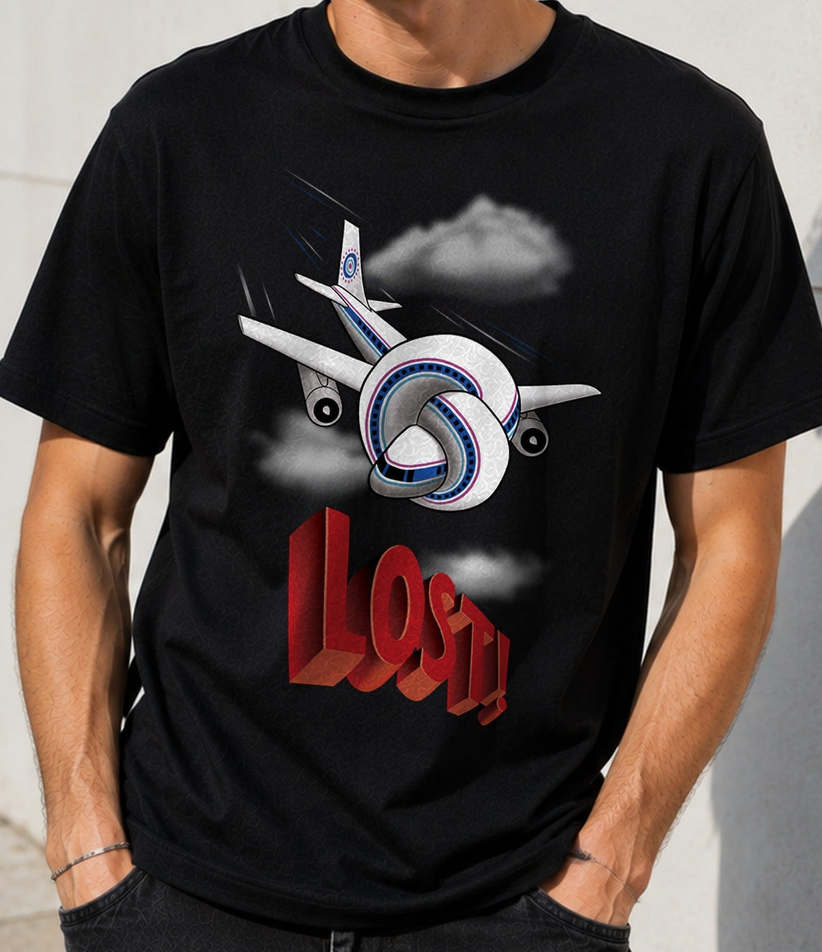 Camiseta Lost – Avión Anudado y Misterio en la Isla (negra)