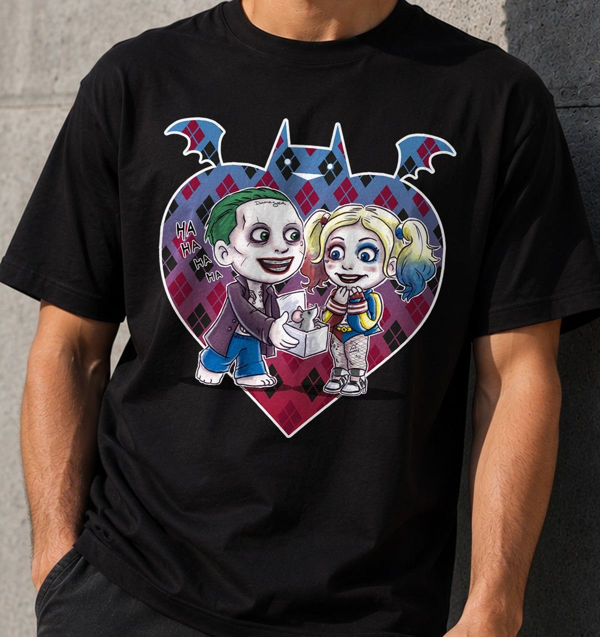 Camiseta lovejoke – Payaso y Chica Traviesa Enamorados (negra)