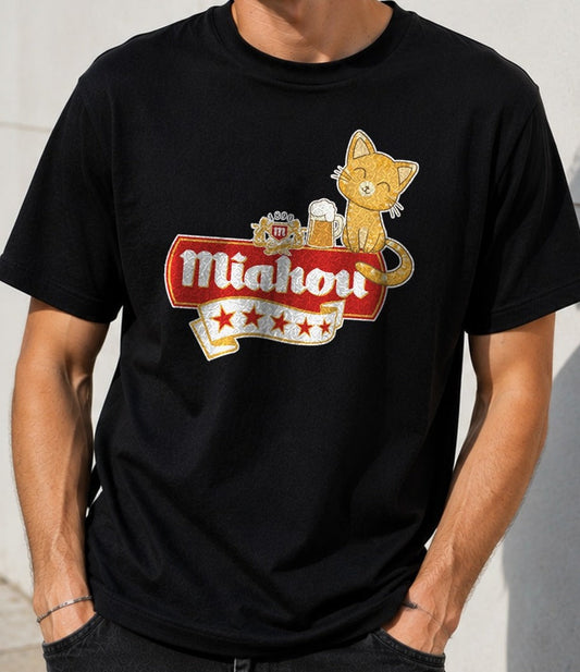 Camiseta Miahou – Parodia para amantes de los gatos y la cerveza (negra)