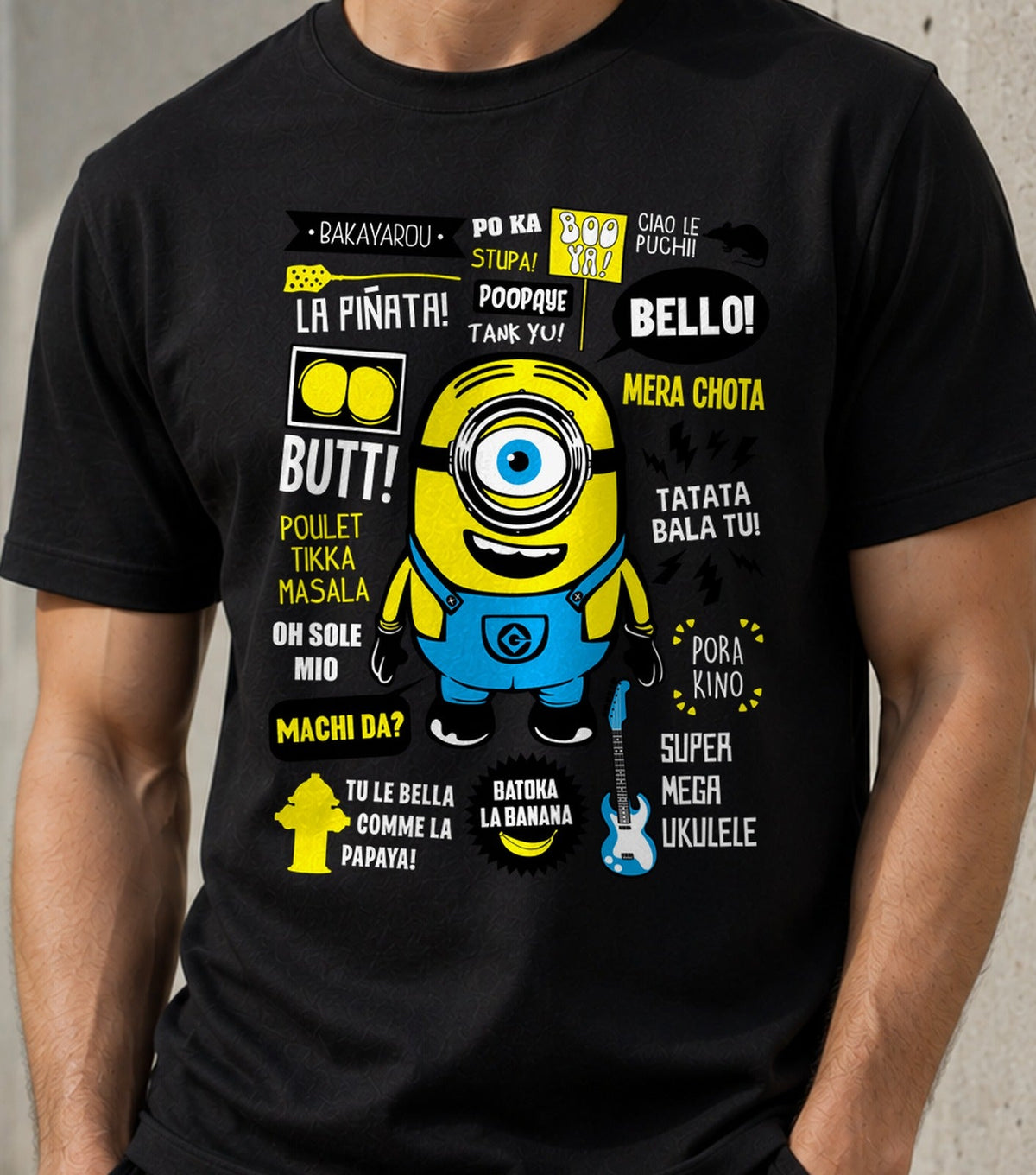 Camiseta Minion Famous Quotes – Frases Divertidas en Varios Idiomas (negra)
