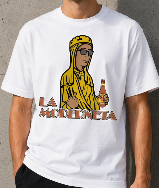Camiseta La Moderneta – Humor Gamberro con Birra (blanca)