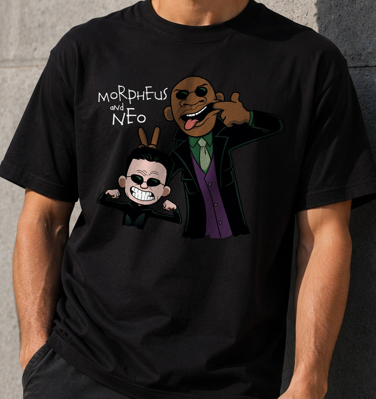 Camiseta Morpheus and Neo – Parodia de Ciencia Ficción Noventera (negra)