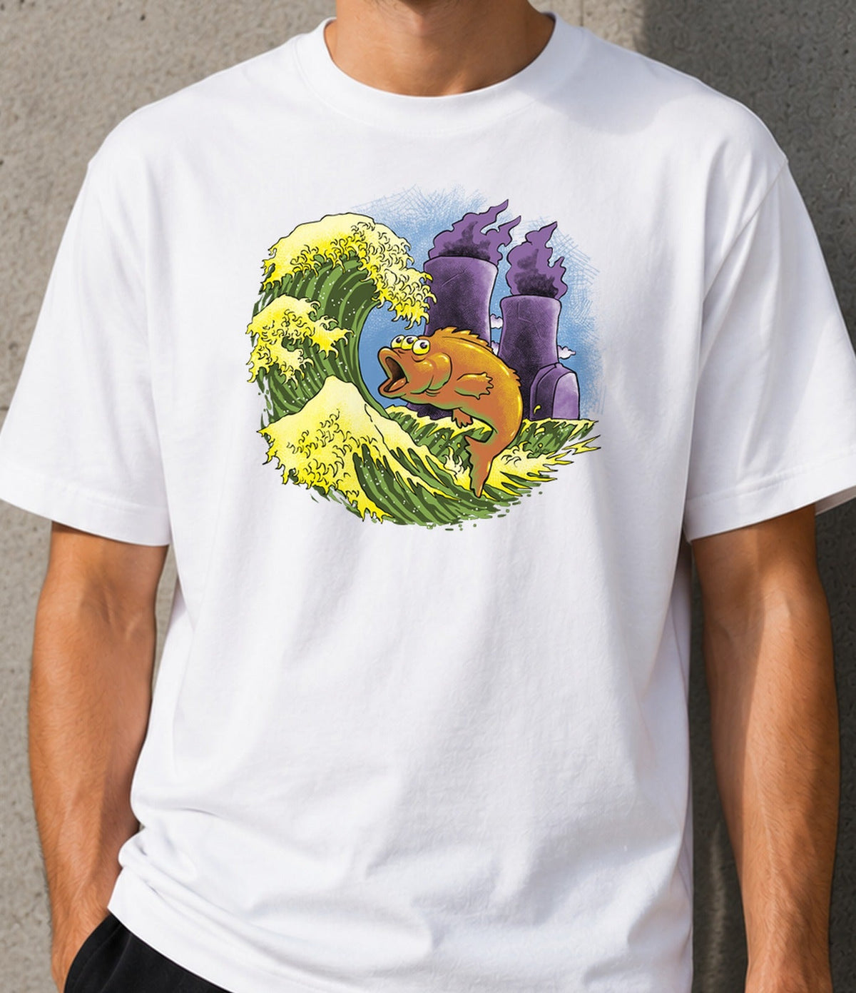 Camiseta Mutant Wave – Pez Mutante y Ola Japonesa (blanca)