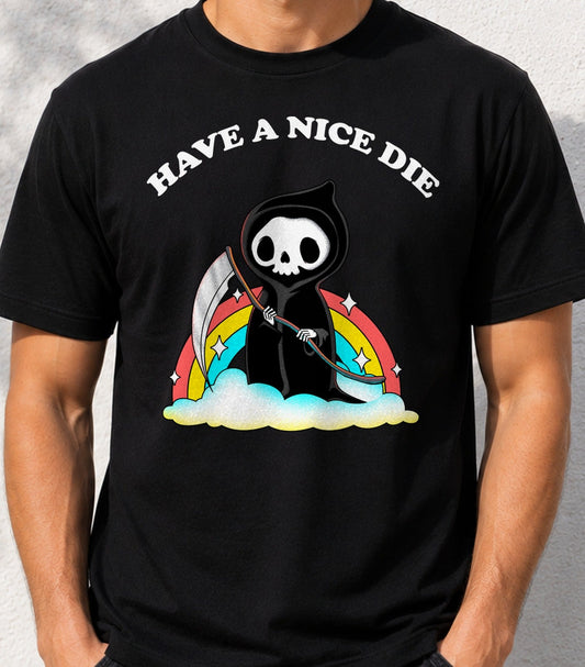 Camiseta Nice Die Woot – Parca Kawaii y Humor Negro (negra)