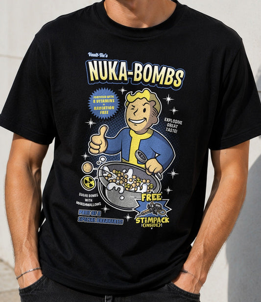 Camiseta Nuka Bombs – Cereales Radiactivos de Videojuego (negra)