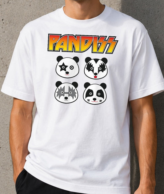 Camiseta Pandiss – Parodia rockera con pandas (blanca)