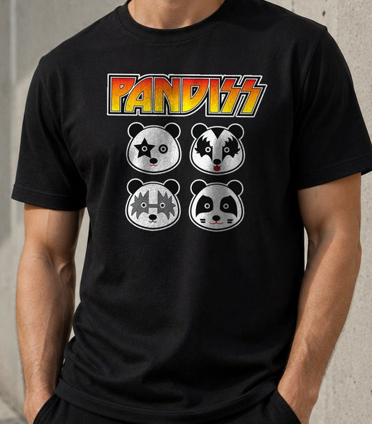 Camiseta Pandiss – Parodia rockera con pandas (negra)