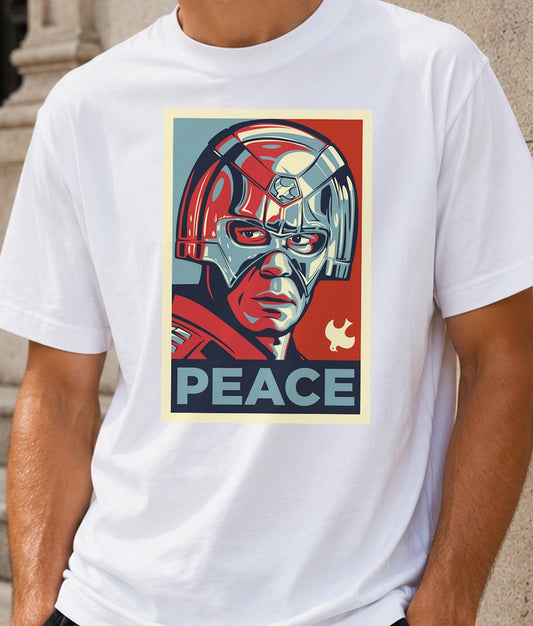 Camiseta Peace – Guerrero Futurista Estilo Póster Político (blanca)
