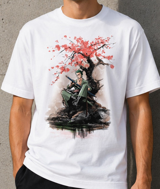 Camiseta Pirate Hunter Under The Tree – Zoro de One Piece (blanca)