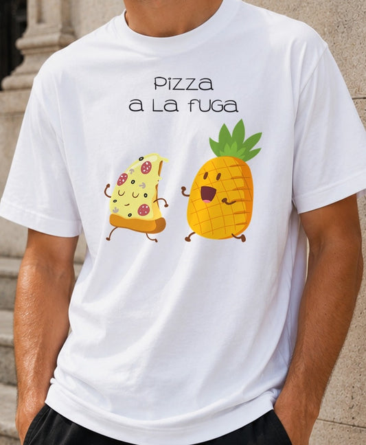 Camiseta Pizza a la Fuga – Piña en la Pizza (blanca)