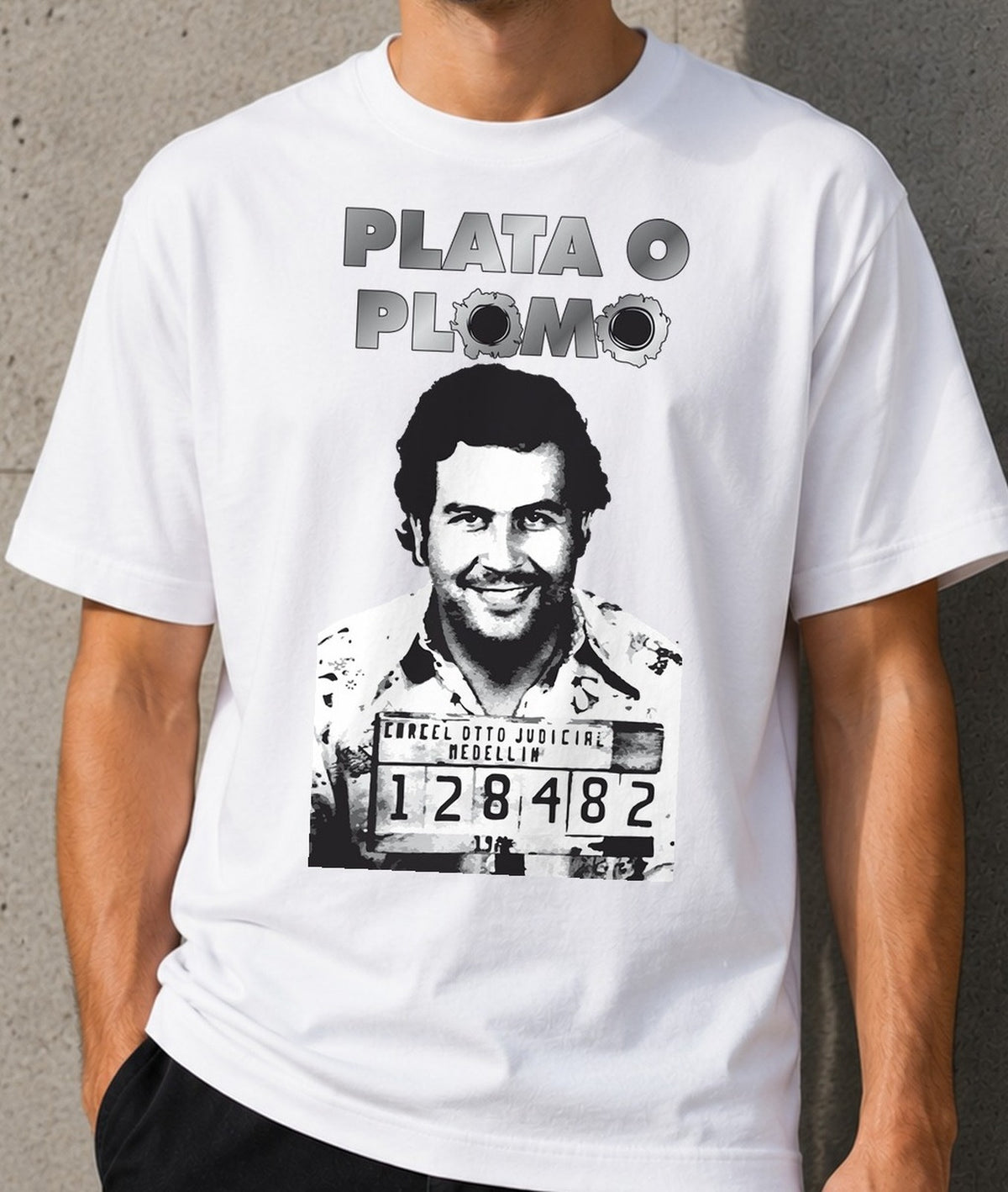 Camiseta Plata o Plomo – Pablo Escobar (blanca)