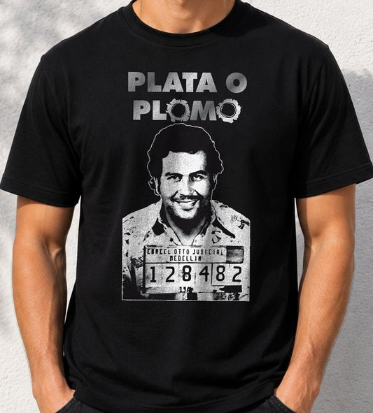Camiseta Plata o Plomo – Pablo Escobar (negra)