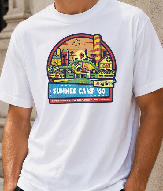 Camiseta Playtime Summer Camp – Terror y Campamento Retro (blanca)