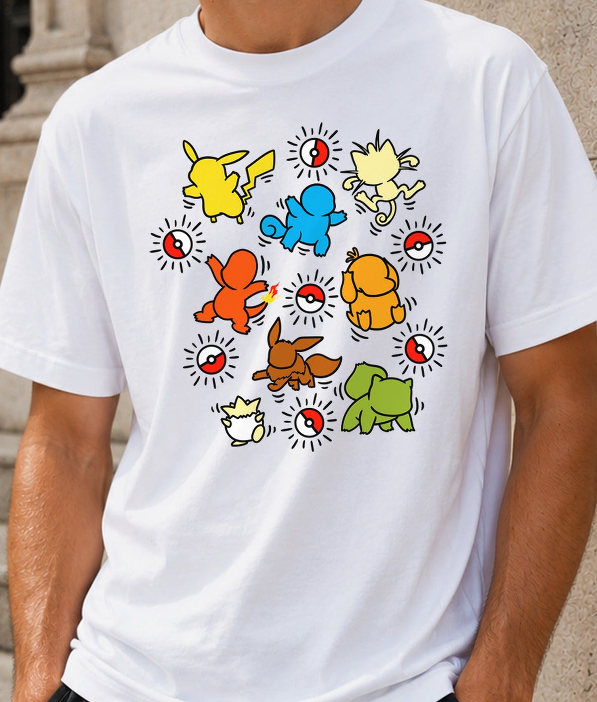 Camiseta Poke Pop – Criaturas de Bolsillo Estilo Pop Art (blanca)