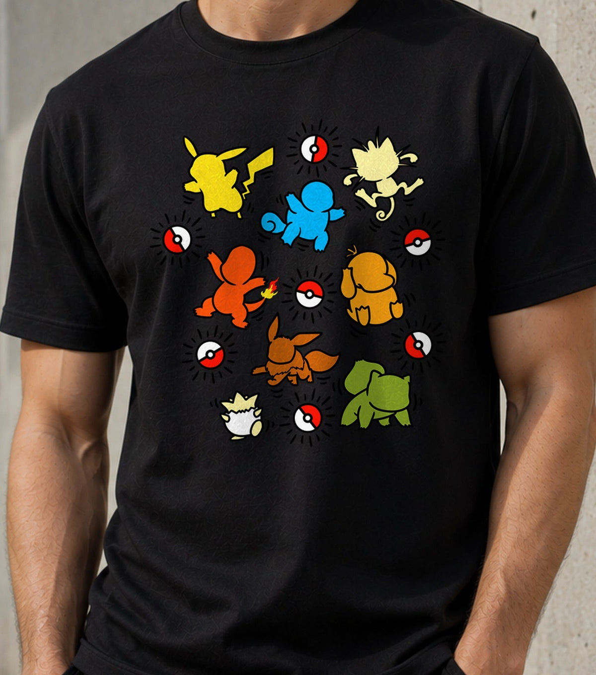 Camiseta Poke Pop – Criaturas de Bolsillo Estilo Pop Art (negra)