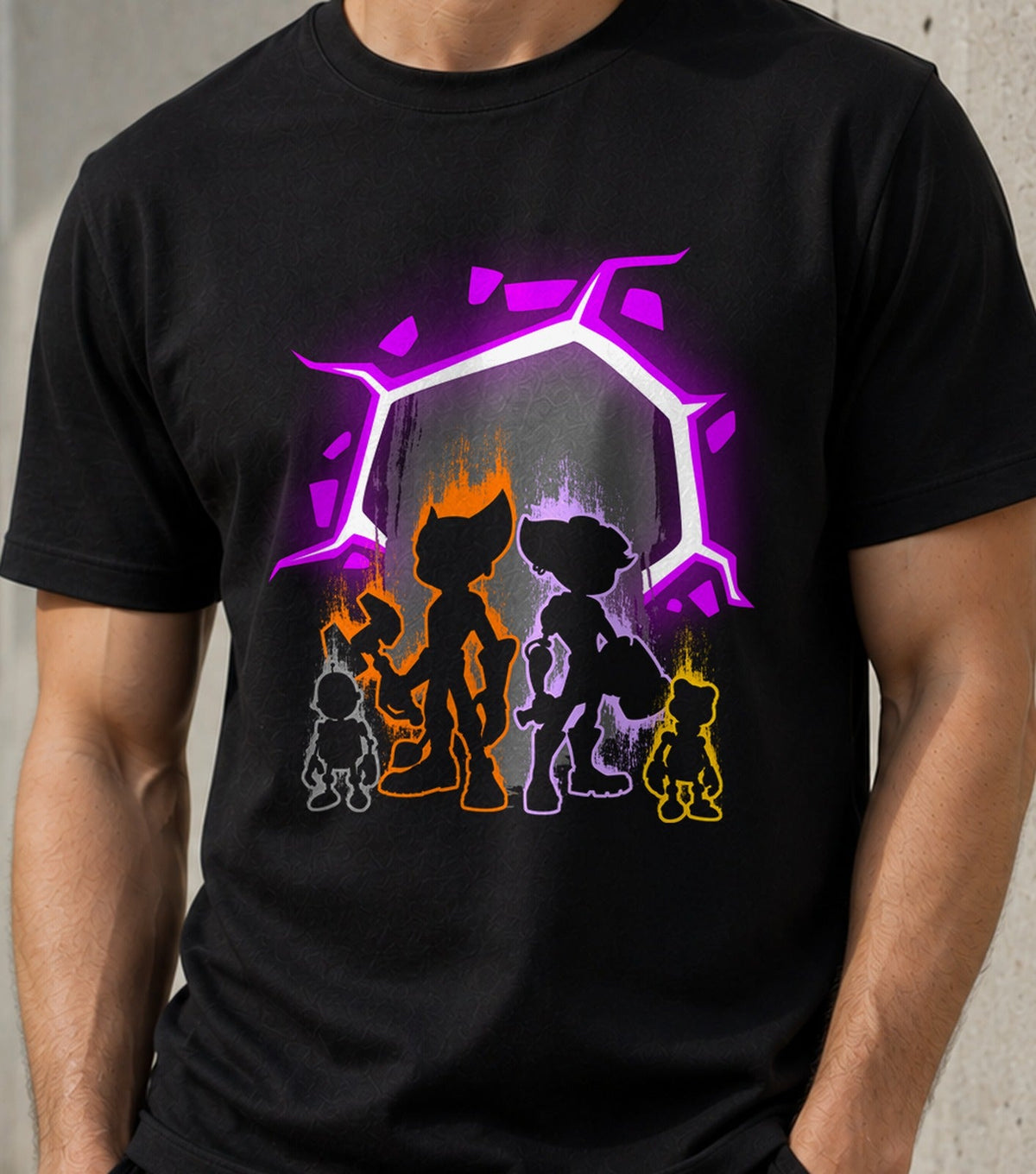 Camiseta Siluetas – Aventura Espacial y Robot (negra)