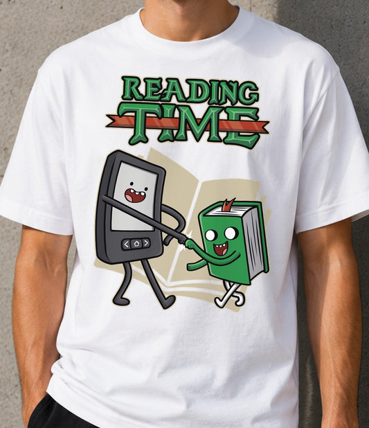 Camiseta Reading Time – Parodia de Dibujos para Lectores (blanca)