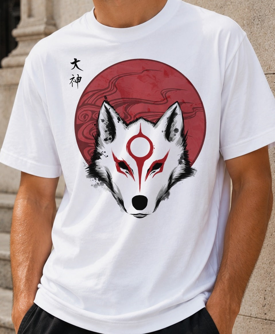 Camiseta Red Sun God – Okami (blanca)