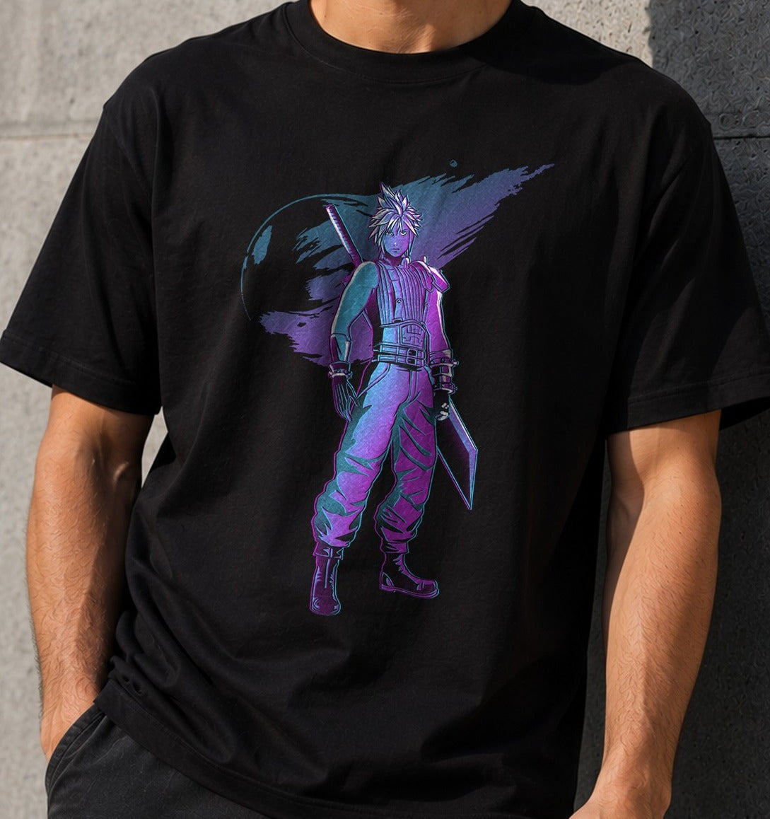 Camiseta Retro Fantasy – Cloud Strife de Final Fantasy VII (negra)