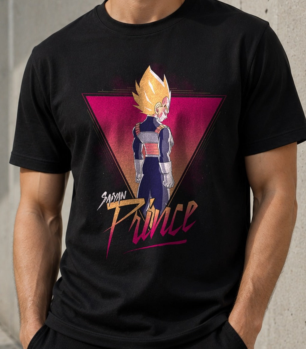 Camiseta Retro Prince – Vegeta de Dragon Ball (negra)