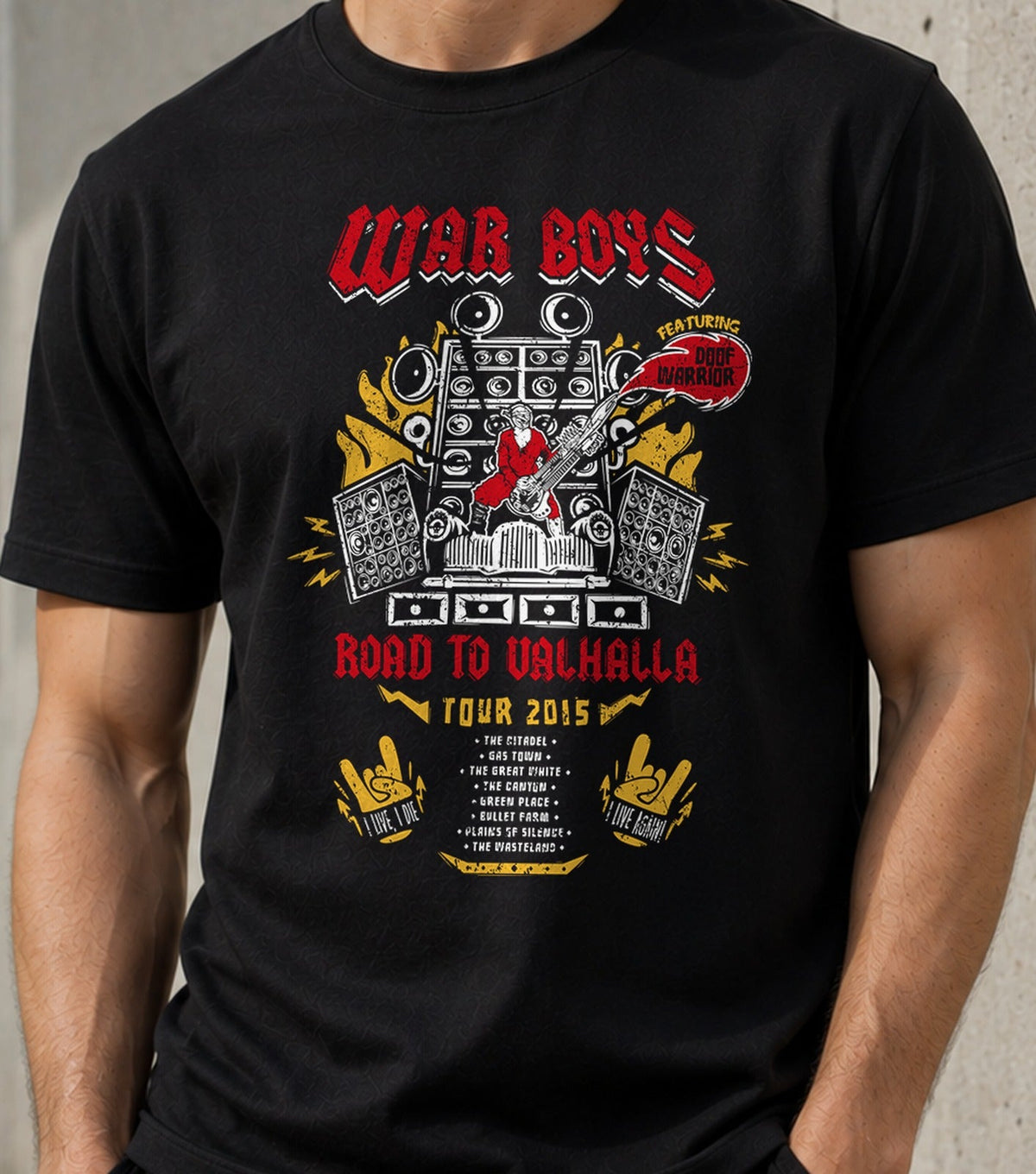 Camiseta Road to Valhalla Tour – Gira de Rock Post-Apocalíptico (negra)