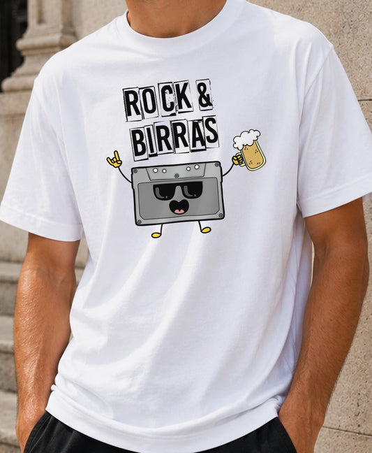 Camiseta Rock&Birras – Regalo para amantes del rock y la cerveza (blanca)