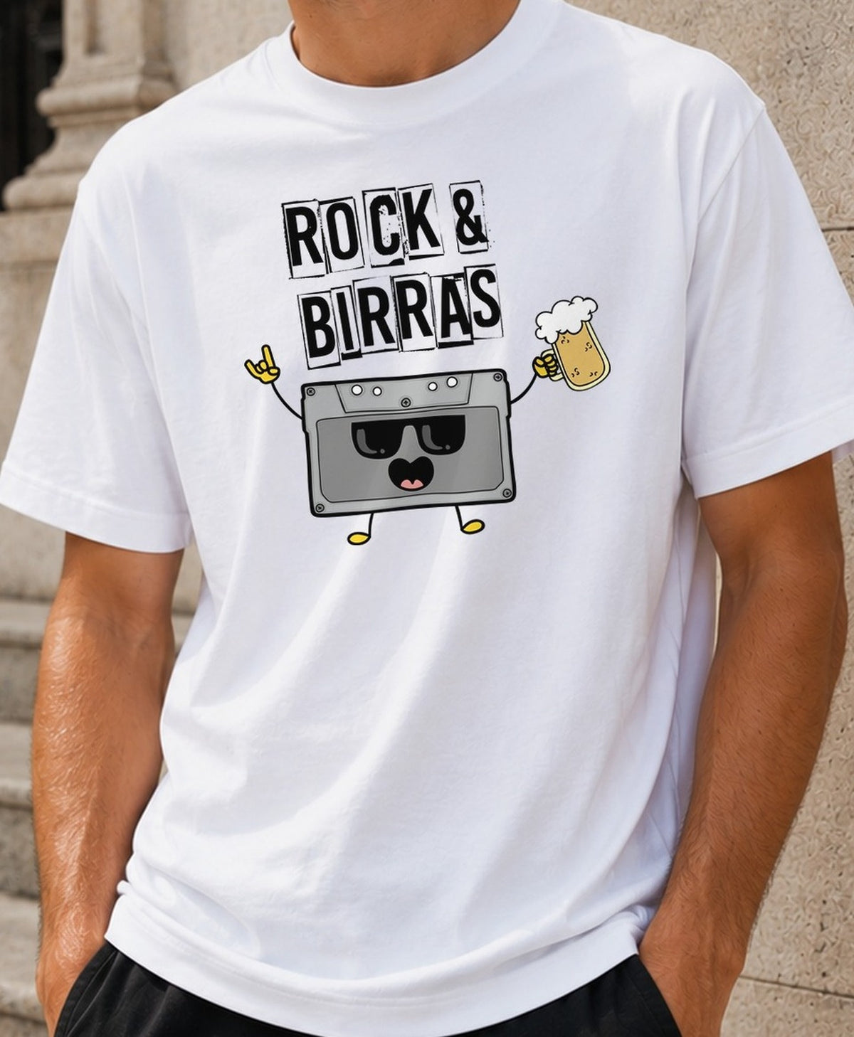 Camiseta Rock&Birras – Regalo para amantes del rock y la cerveza (blanca)