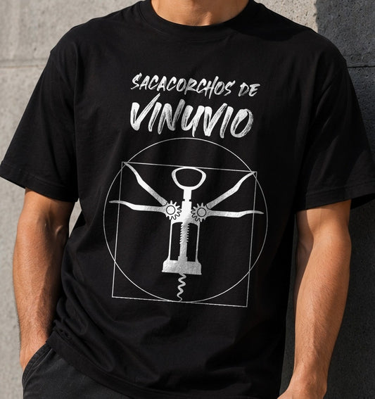 Camiseta Sacacorchos de Vinuvio – Parodia del Hombre de Vitruvio (negra)
