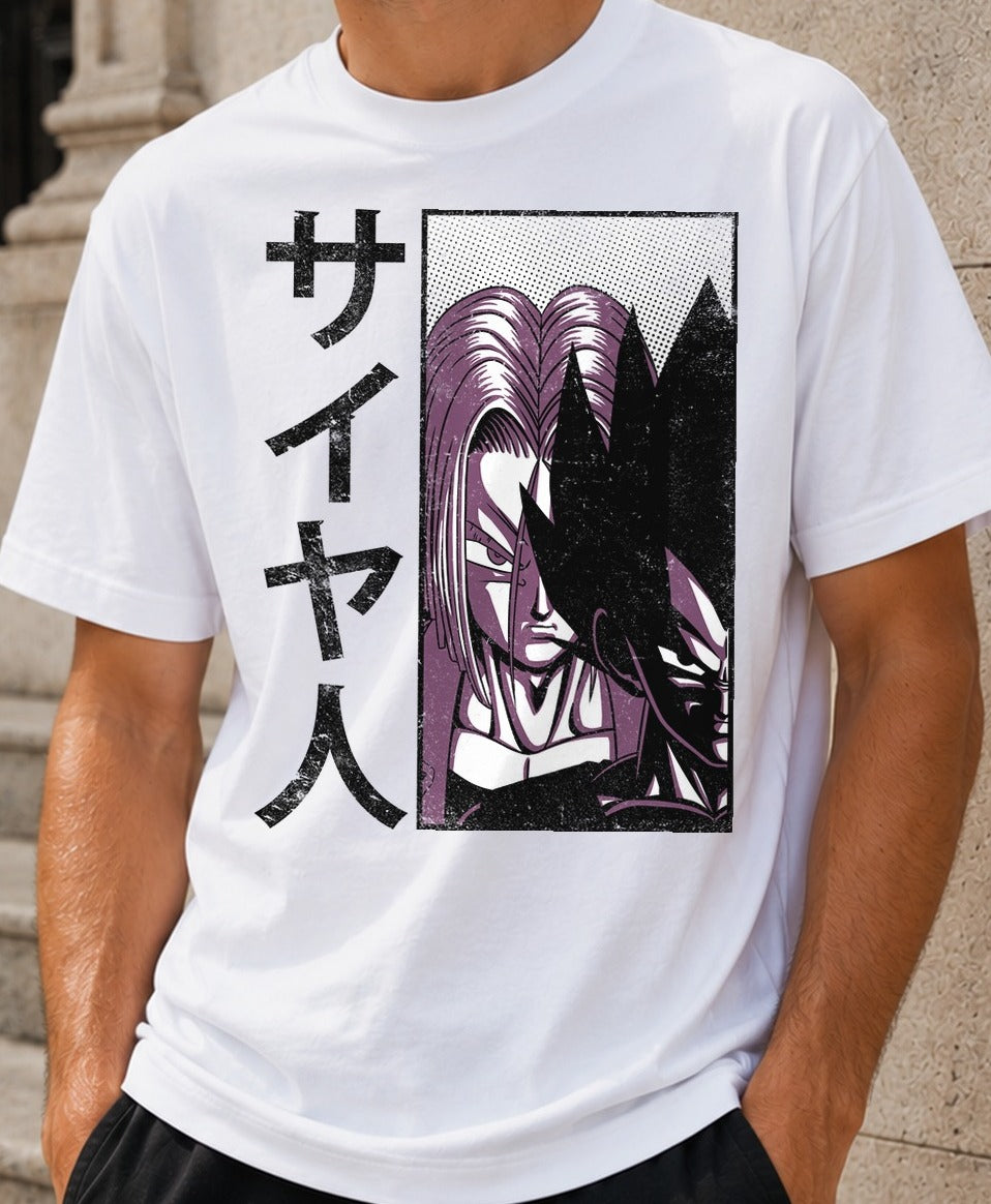 Camiseta Saiyans – Trunks y Vegeta de Dragon Ball Z (blanca)