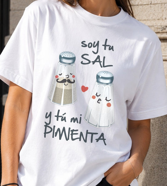 Camiseta Soy tu Sal y tú mi Pimienta – Regalo San Valentín (blanca)