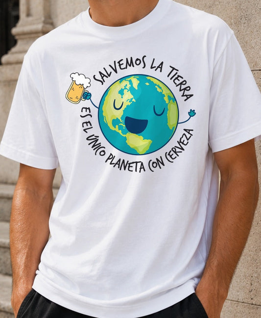Camiseta Salvemos la Tierra – Regalo para amantes de la cerveza (blanca)