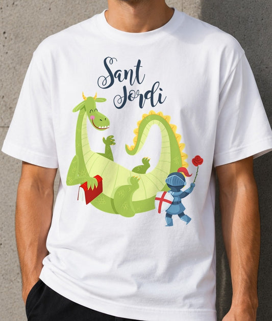 Camiseta Sant Jordi – Dragón y Caballero (blanca)