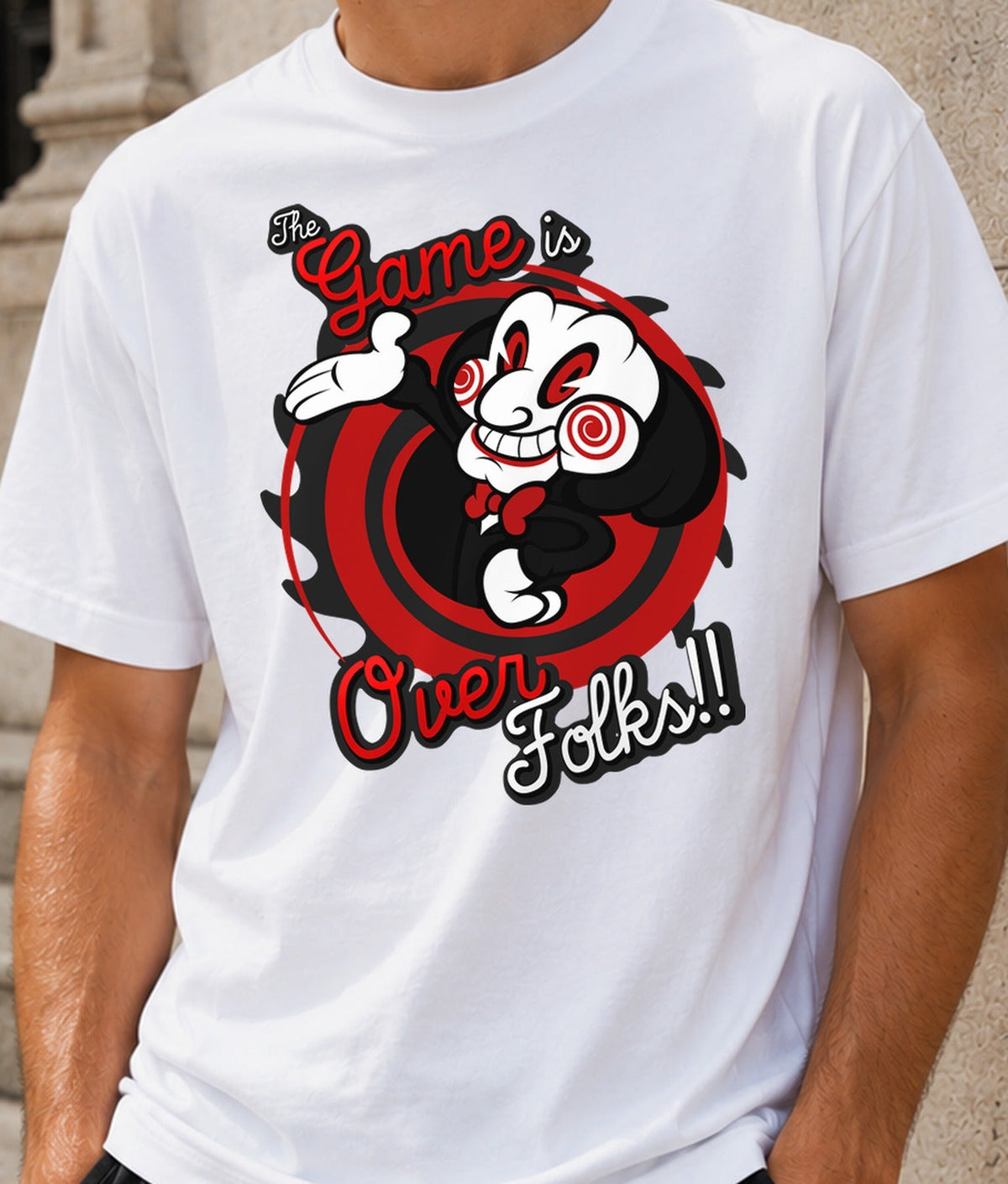 Camiseta Game Over Folks – Payaso Terrorífico de Juegos Mortales (blanca)